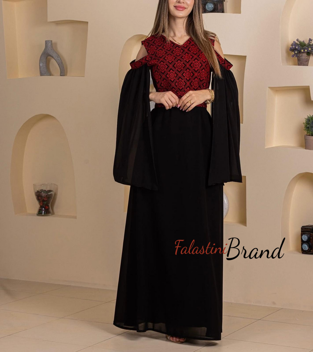 Cute Open Shoulders Black and Red Embroidered Dress