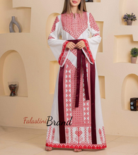 White and Red Thob Dress with Satin Details