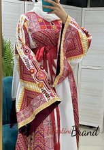 Very Elegant Wide Sleeves White and Red Embroidered Thob with Golden and Malak Details and Head Scarf