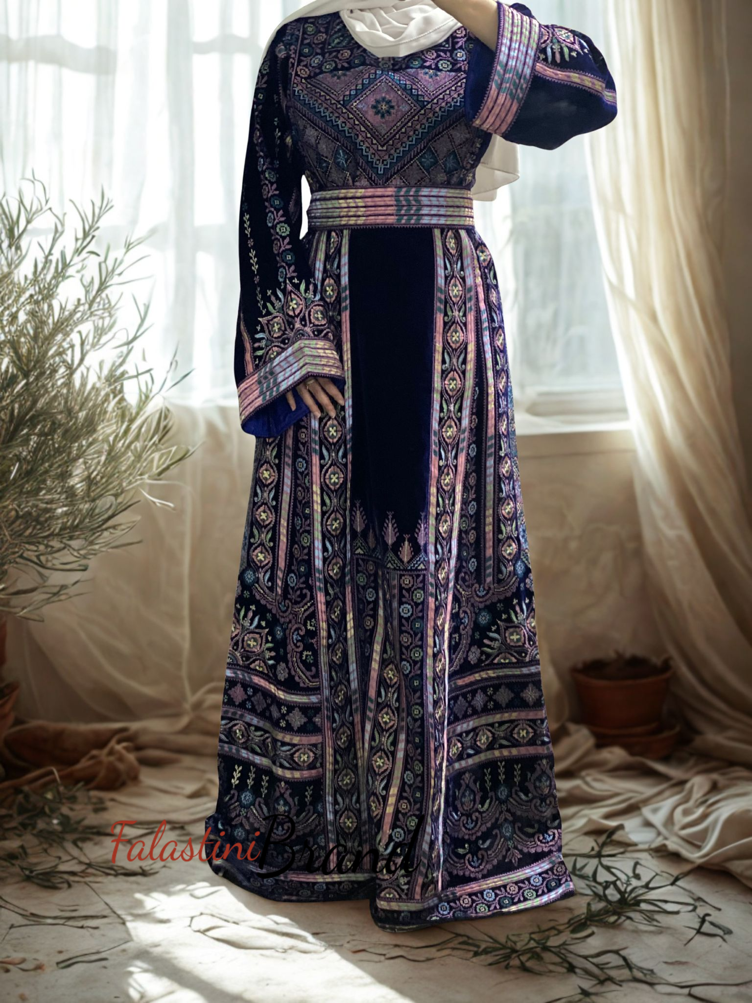 Unique Velvet Navy Blue Palestinian Thobe Dress with Pastel Colors Embroidery 42/(L) Unique Velvet Navy Blue Palestinian Thobe Dress with Pastel Colors Embroidery 42/(L)