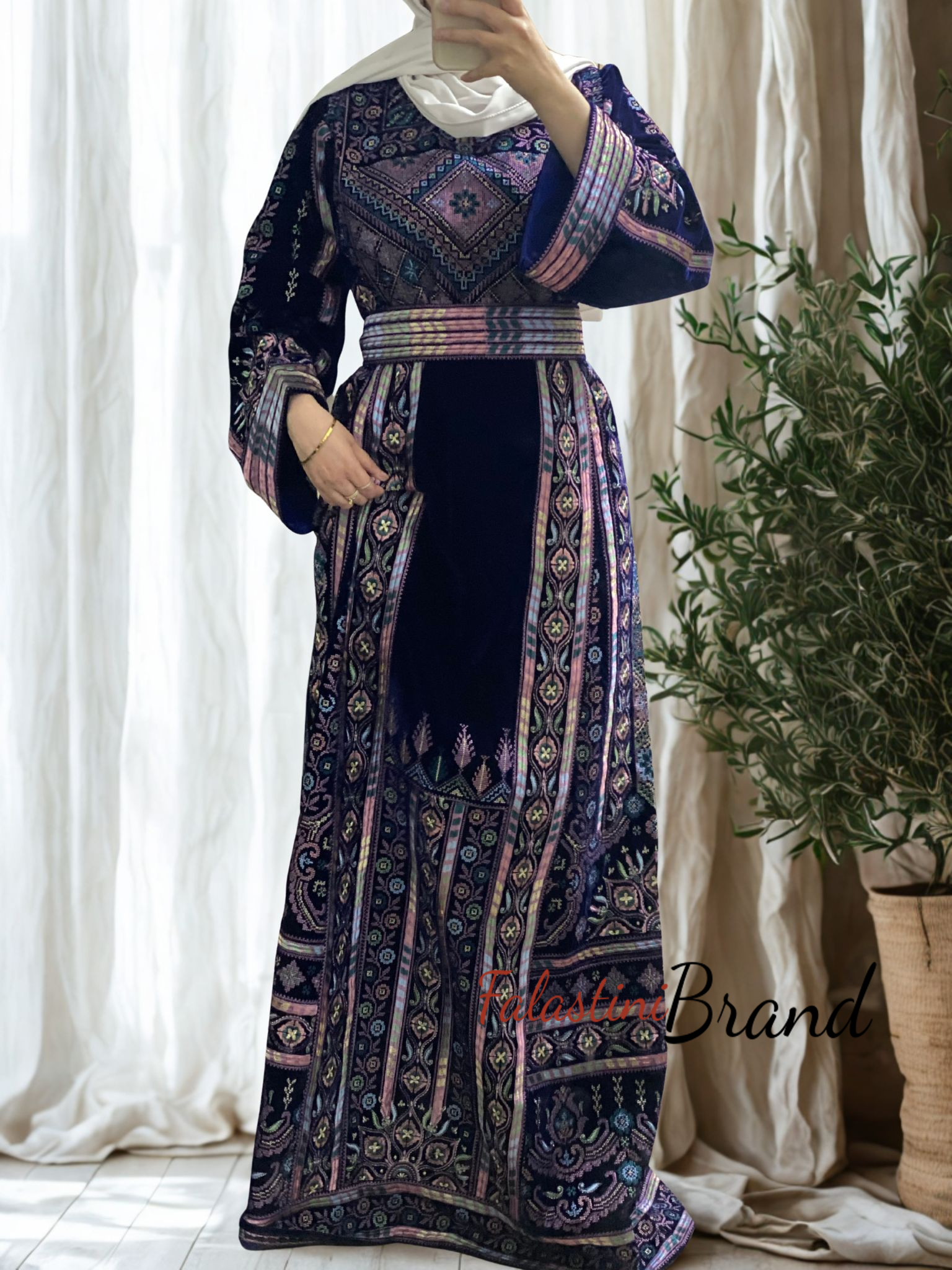 Unique Velvet Navy Blue Palestinian Thobe Dress with Pastel Colors Embroidery 42/(L) Unique Velvet Navy Blue Palestinian Thobe Dress with Pastel Colors Embroidery 42/(L)