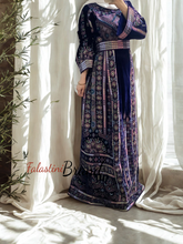 Unique Velvet Navy Blue Palestinian Thobe Dress with Pastel Colors Embroidery