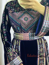 Unique Velvet Navy Blue Palestinian Thobe Dress with Pastel Colors Embroidery