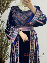 Unique Velvet Navy Blue Palestinian Thobe Dress with Pastel Colors Embroidery