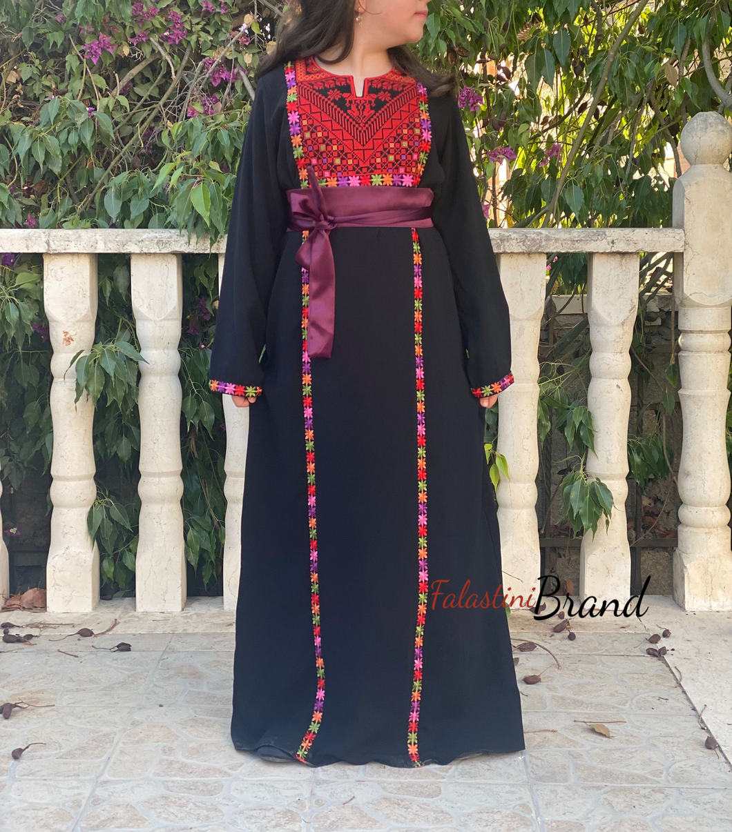 Little Girls Elegant Stylish Black Thob with Colorful Orooq Details and Satin Belt