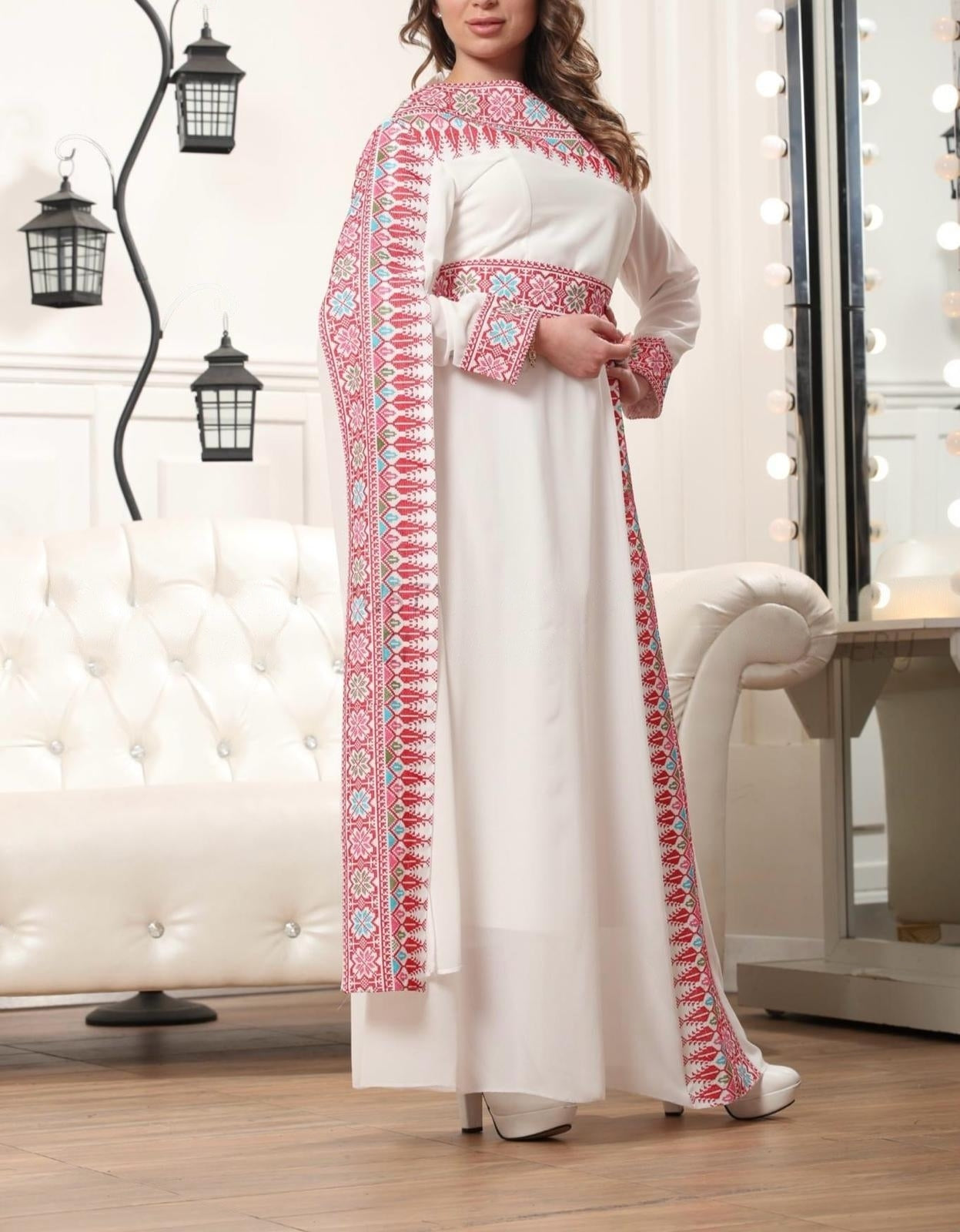 Elegant White and Red Shoulder Details Embroidered Dress with colorful flowers 44/(XL) Elegant White and Red Shoulder Details Embroidered Dress with colorful flowers 44/(XL)