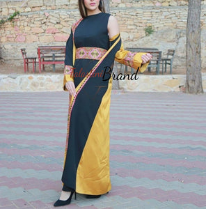 Elegant Yellow and Black Dress and Abaya Set with Palestinian Embroidery and Satin Details
