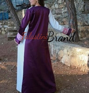 Elegant Purple and White Dress and Abaya Set with Palestinian Embroidery and Satin Details