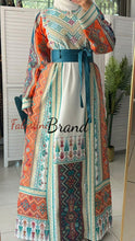 Very Luxurious White and Orange and Turquoise Thobe with Qasab and Satin Details