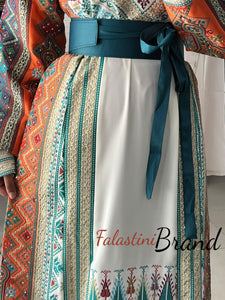 Very Luxurious White and Orange and Turquoise Thobe with Qasab and Satin Details