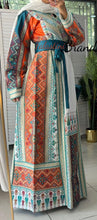 Very Luxurious White and Orange and Turquoise Thobe with Qasab and Satin Details