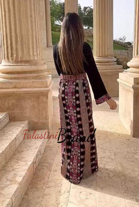 Modern Style Black and Pink Palestinian Thobe with Unique Embroidery and Kashmir Details