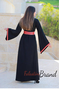 Classy Black Dress with Red Kashmir Details and Wide Sleeve