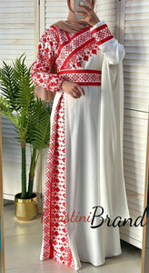 Elegant White and Red Shoulder Details Embroidered Dress