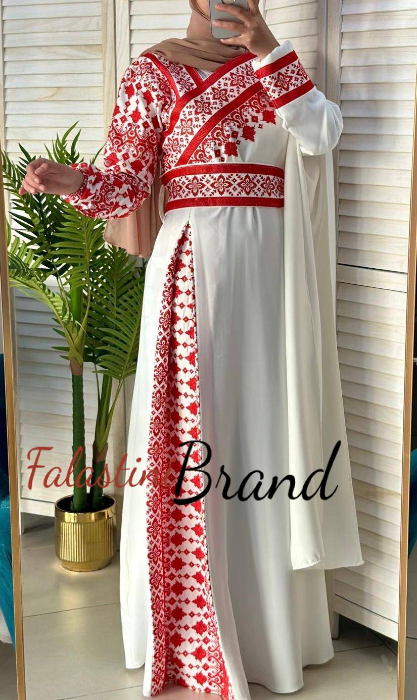 Elegant White and Red Shoulder Details Embroidered Dress 44/(XL) Elegant White and Red Shoulder Details Embroidered Dress 44/(XL)
