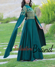 Green Satin Embroidered Dress with Yellowish Embroidery and Open Long Sleeves