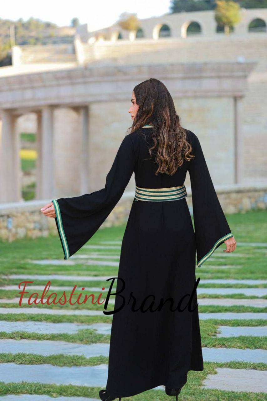 Classy Black Dress with Green Kashmir Details and Wide Sleeve (S-M)/38-40 Classy Black Dress with Green Kashmir Details and Wide Sleeve (S-M)/38-40