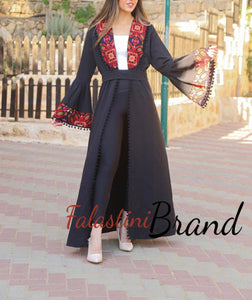 Unique Open Black Abaya with Colored Embroidery and Pom Poms