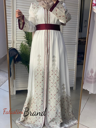 White and Golden(Mqassab) Palestinian Embroidered Kaftan Dress