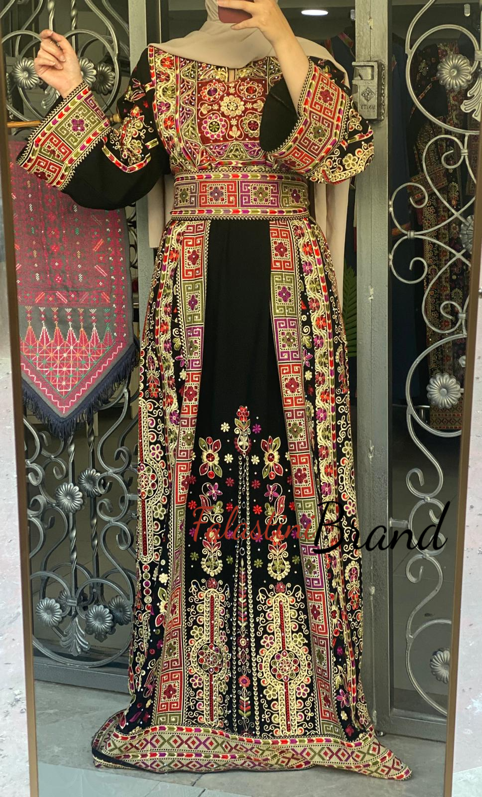 green emerald velvet dress Amazing Black Malak Palestinian Embroidered Thobe Dress with Astonishing Embroidery 44/(XL)/46/(XXL)