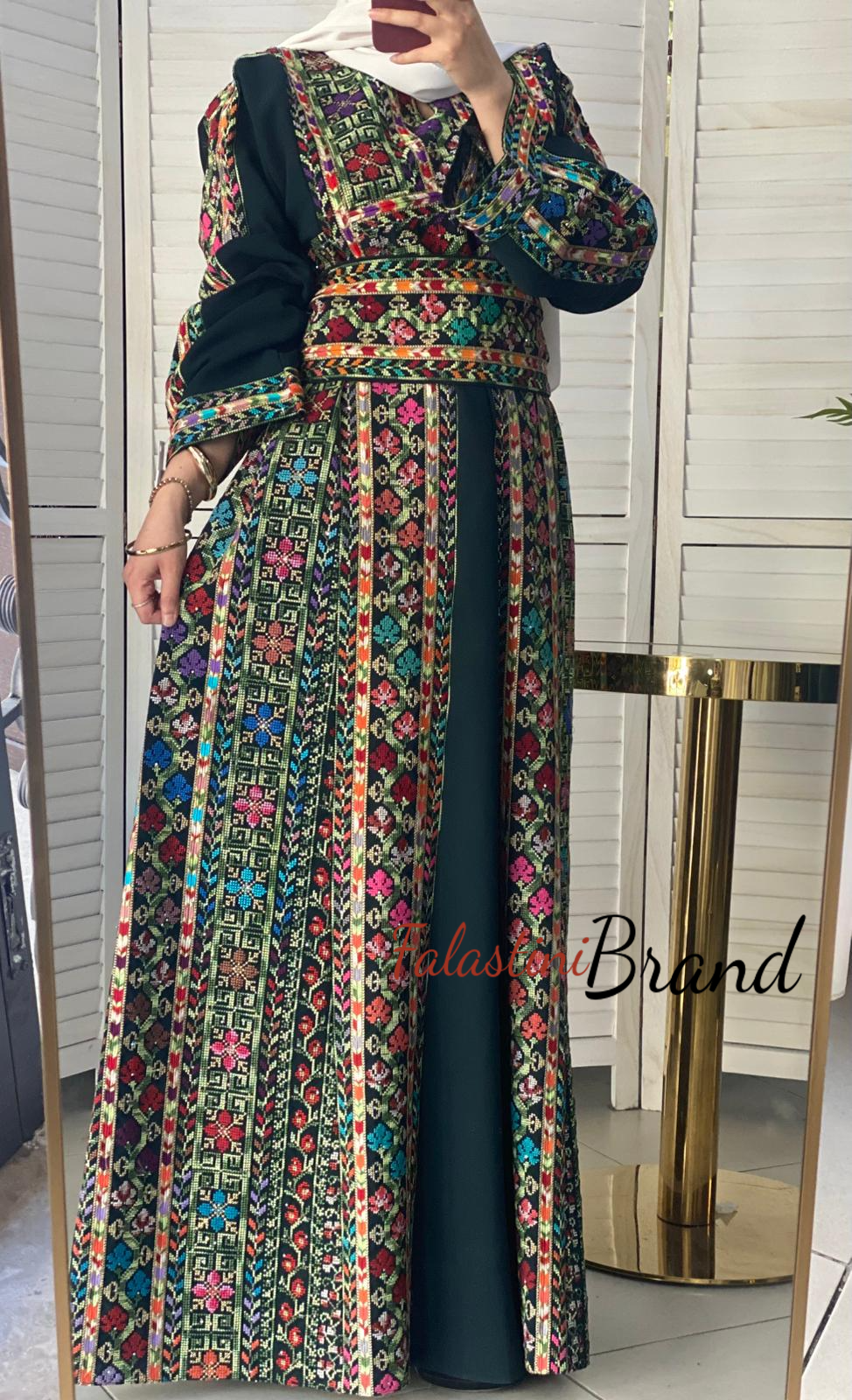 Amazing Dark Green Manajil Palestinian Embroidered Thobe Dress With  Astonishing Embroidery