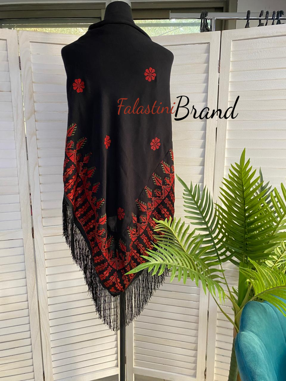 Black Shawl with High Quality Machine Embroidery and Fringe Hem