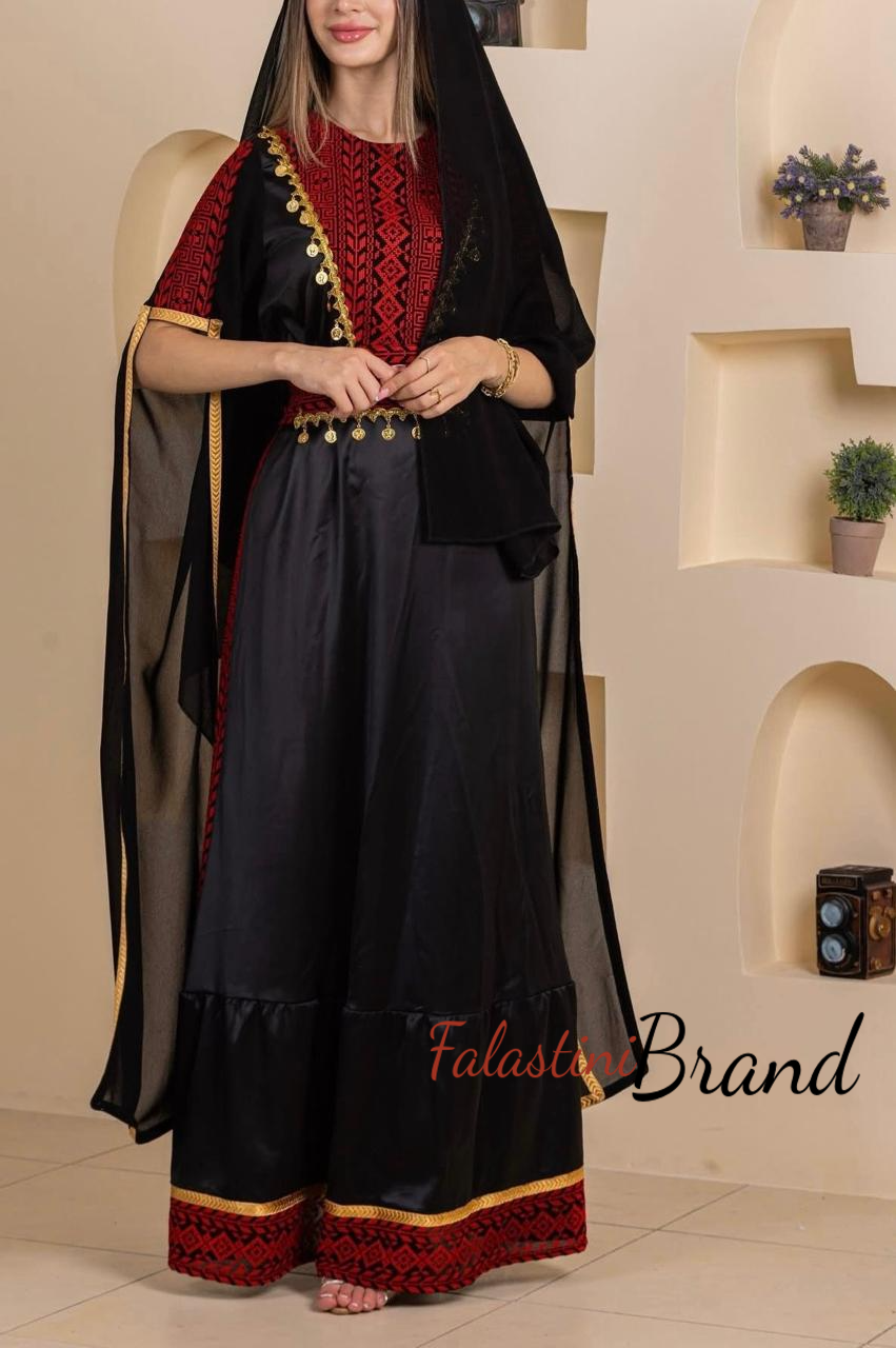 Very Elegant New Design Black and Red Embroidered Dress with Golden Sleeve Details