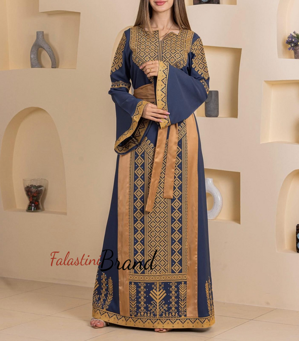 Navy and Golden Thob Dress with Satin Details