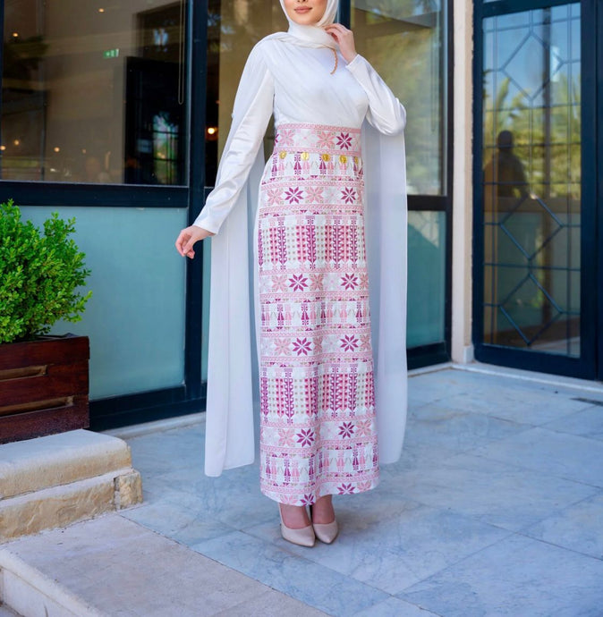 Classy White Embroidered Dress with Shoulder Drapes