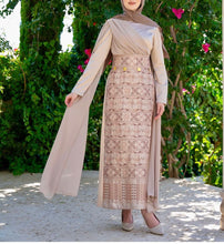 Classy Golden Embroidered Dress with Shoulder Drapes