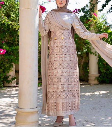 Classy Golden Embroidered Dress with Shoulder Drapes