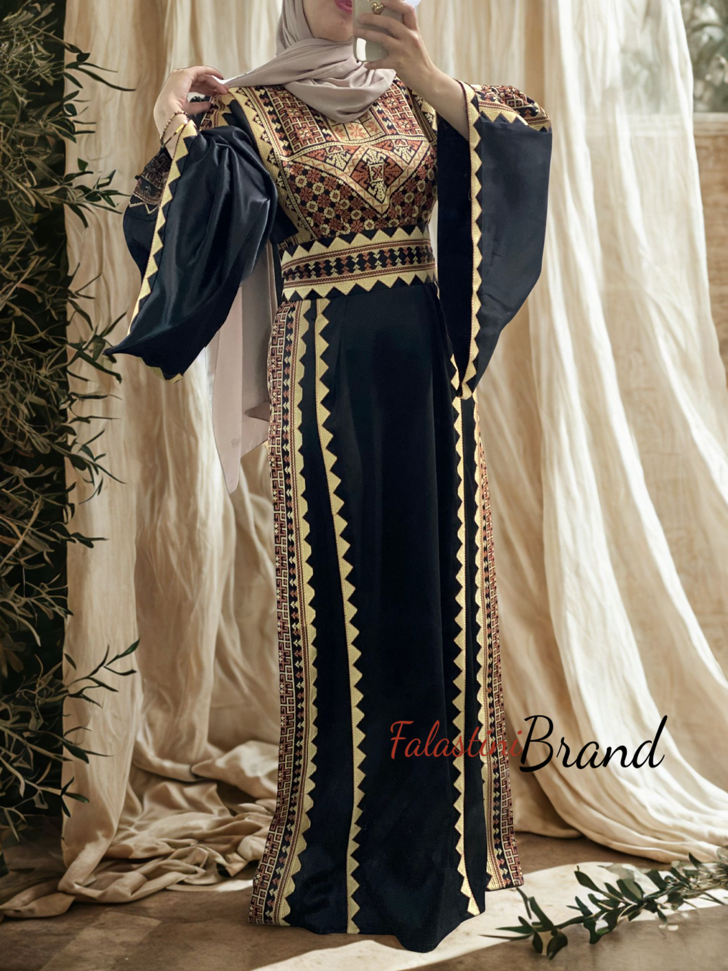 Elegant Wide Sleeves Black and Gold Embroidered Thob Dress