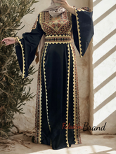 Elegant Wide Sleeves Black and Gold Embroidered Thob Dress