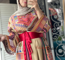 Trendy Beige Majdalawi Fabric Thob with Colorful Embroidery