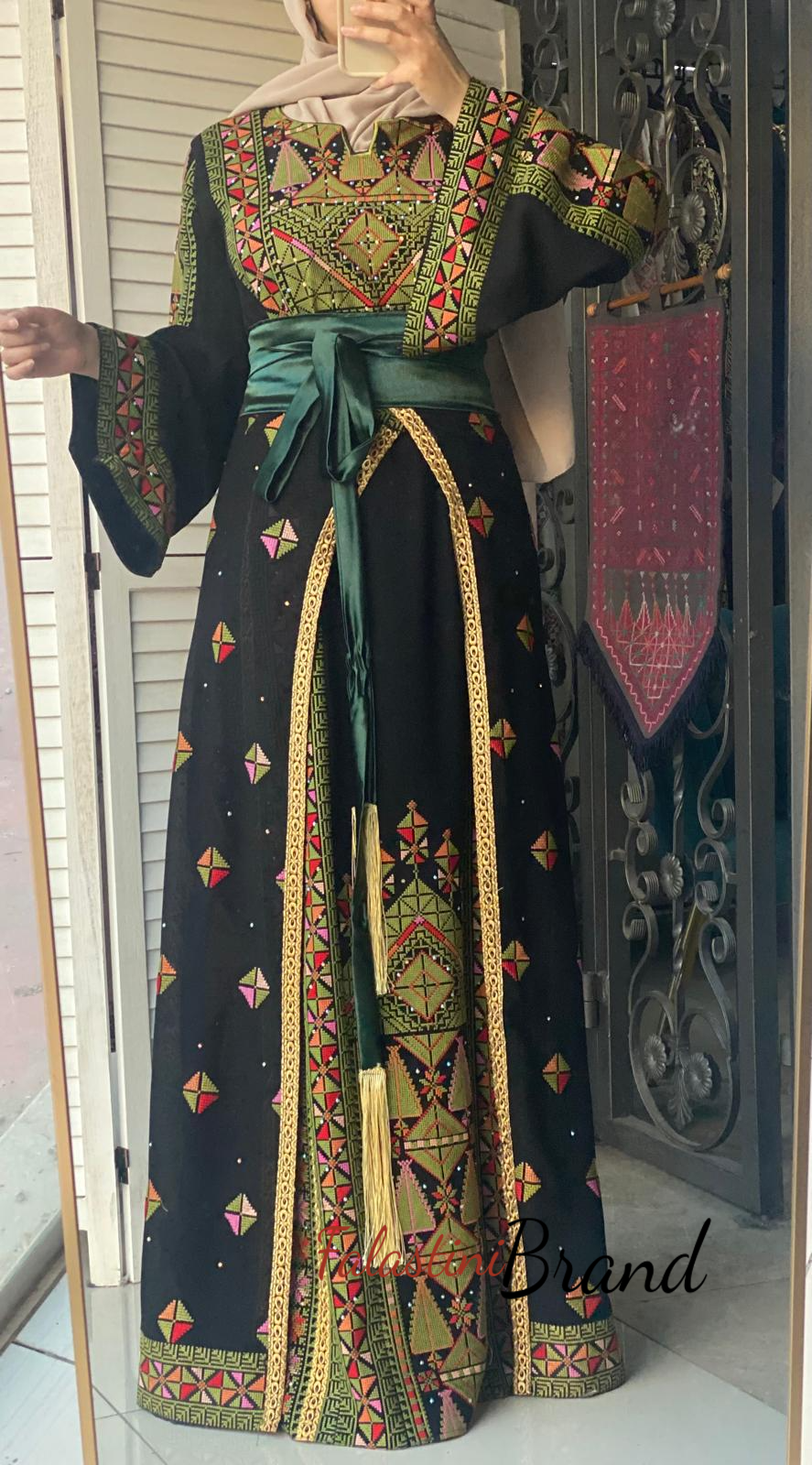 Lavish Black and Green Thob Dress with Detachable Back Skirt and Head Scarf