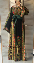 Lavish Black and Green Thob Dress with Detachable Back Skirt and Head Scarf