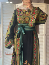 Lavish Black and Green Thob Dress with Detachable Back Skirt and Head Scarf