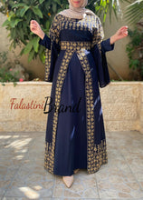 Navy Elegant Split Skirt Two Pieces Thob Dress with Golden Embroidery
