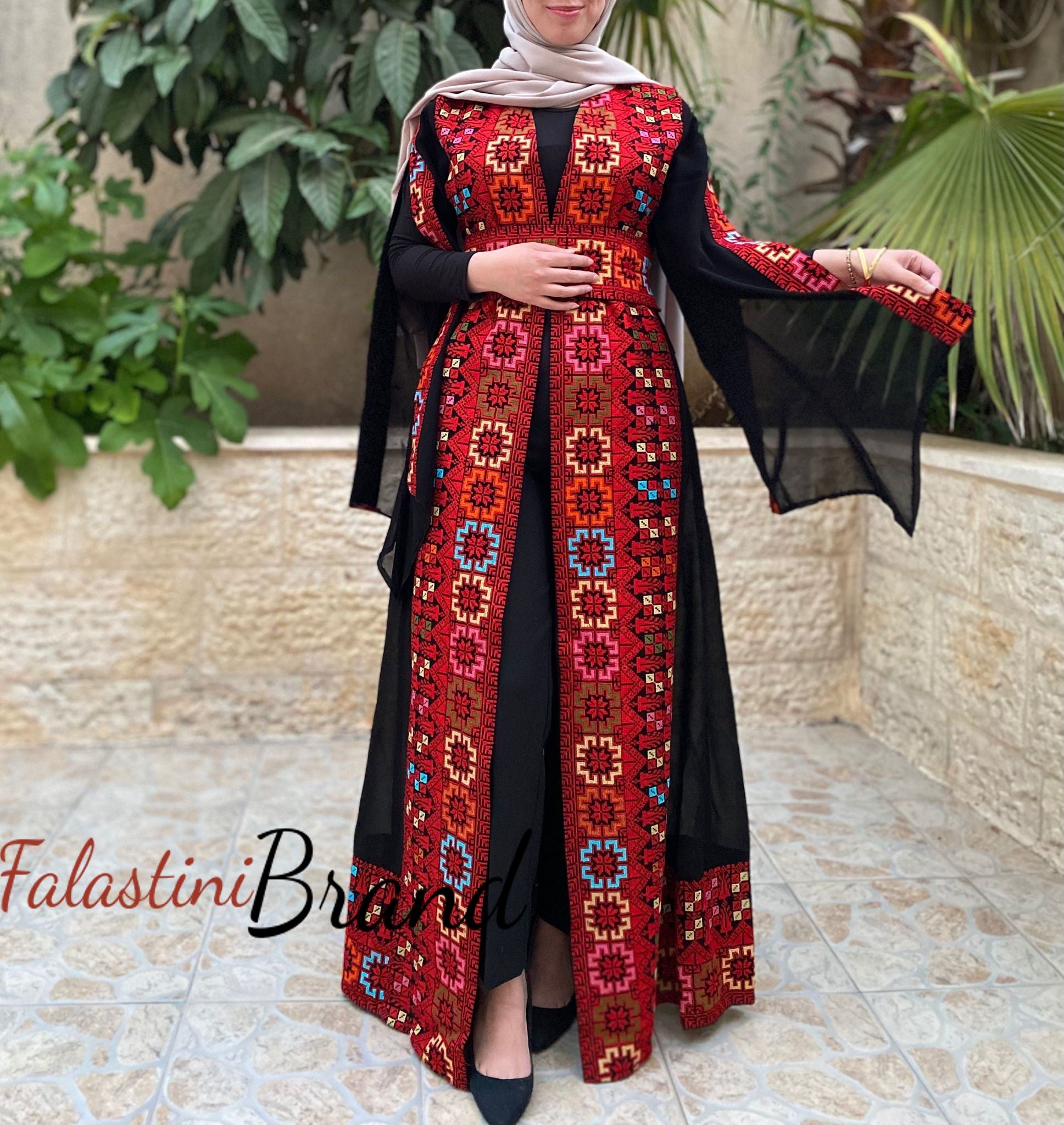 Black and Red Georgette Embroidered Open Abaya Kaftan Maxi 