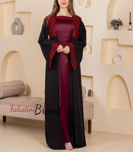 Black and Burgundy 2 Pieces Abaya Set with Satin Inner Dress Black and Burgundy 2 Pieces Abaya Set with Satin Inner Dress