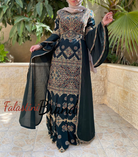 Stylish Mermaid Dark Green Palestinian Embroidered Dress with Skirt Side Details