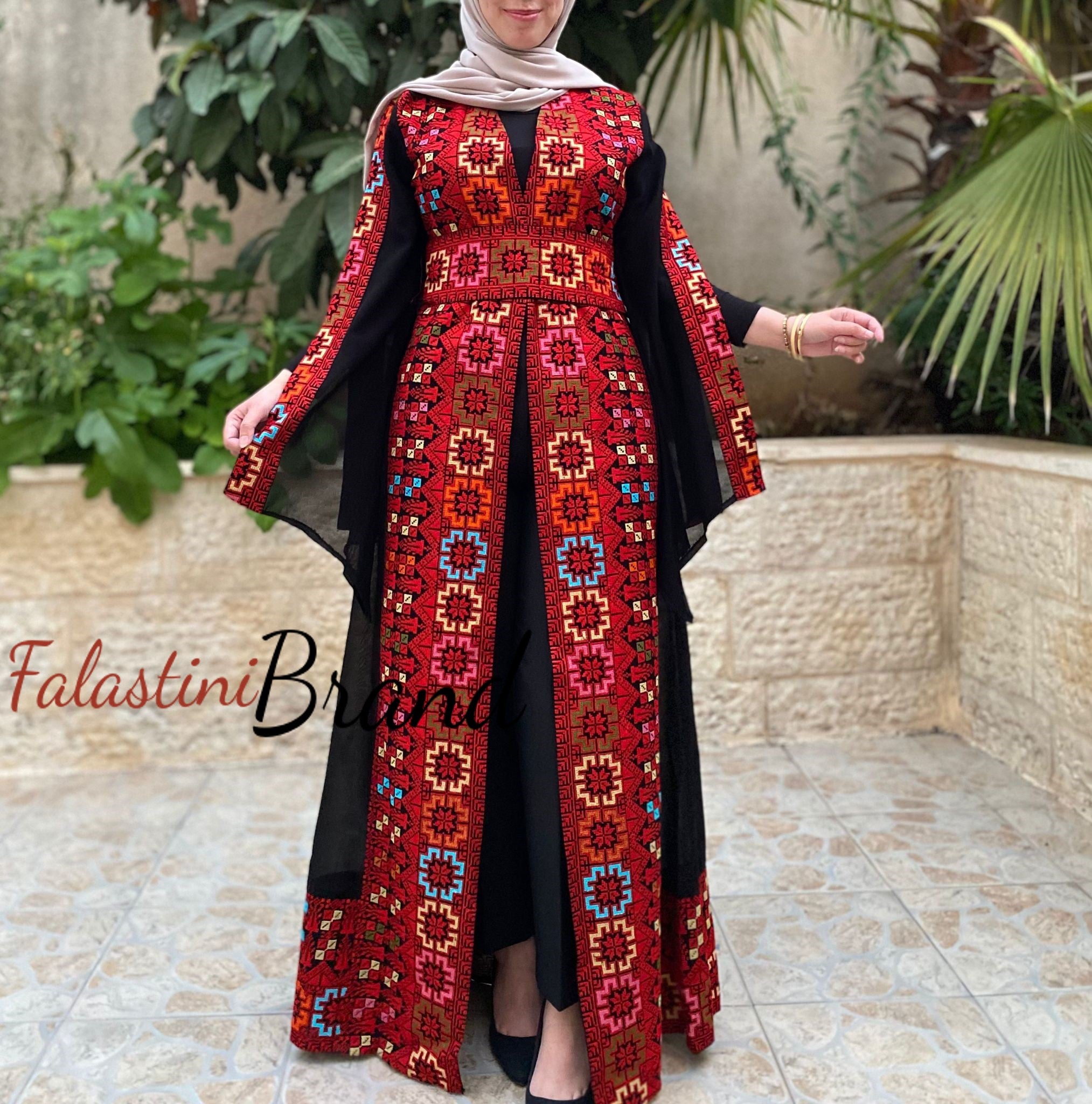 Black and Red Georgette Embroidered Open Abaya Kaftan Maxi 