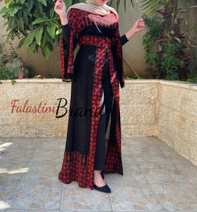 Black Elegant Split Skirt Two Pieces Thob Dress with Red Embroidery