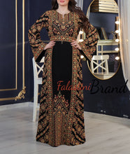 Amazing Black & Golden Palestinian Embroidered Thobe Dress With Astonishing Embroidery