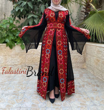 Black and Red Georgette Embroidered Open Abaya Kaftan Maxi Dress Long Split Sleeve