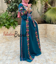 Turquoise Satin Flowy Thob Dress With Colored Nol Gorgeous Embroidery
