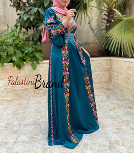 Turquoise Satin Flowy Thob Dress With Colored Nol Gorgeous Embroidery