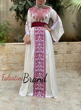 White Satin Flowy Thob Dress With Red Gorgeous Embroidery