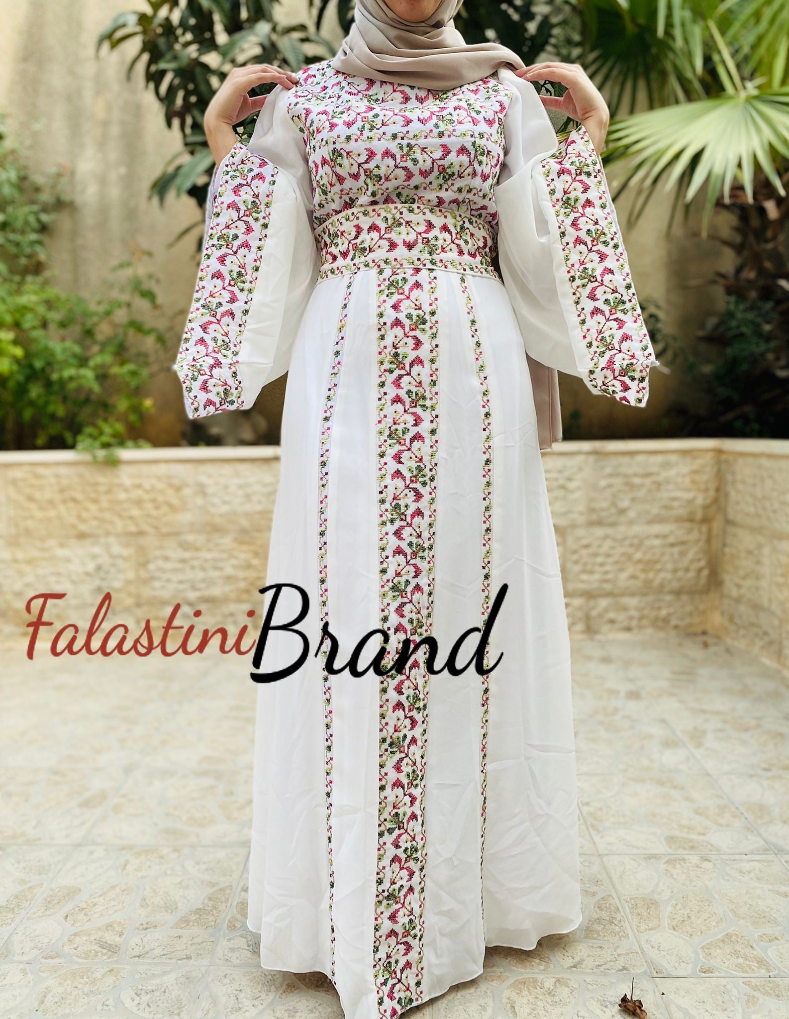 White Wide Sleeve Lined Embroidered Dress with Wonderful