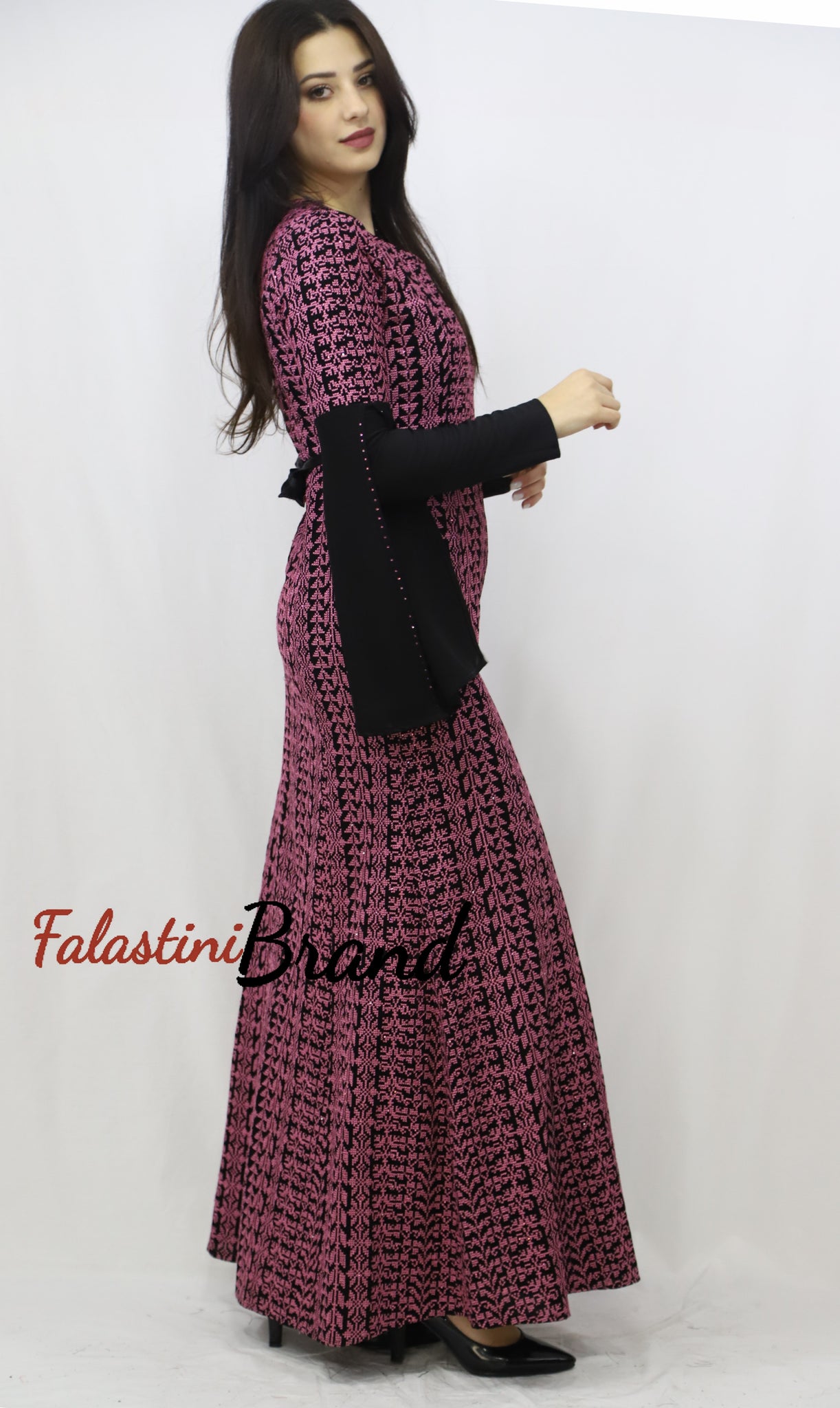 Stylish Fish Cut Black and Pink Palestinian Embroidered Dress Stylish Fish Cut Black and Pink Palestinian Embroidered Dress